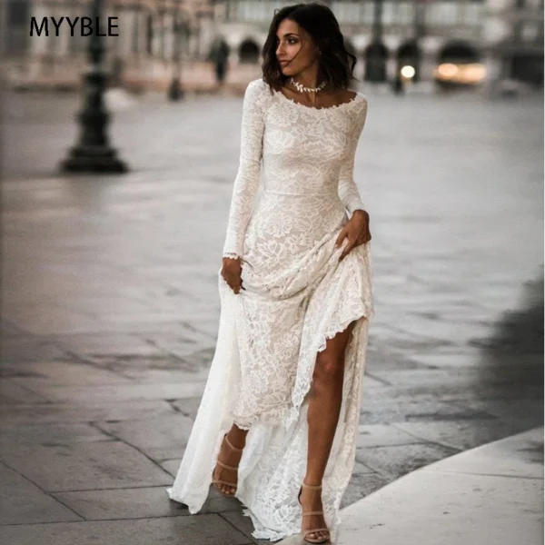 Customized Vintage Lace Wedding Dress Long Sleeves Simple Boho Wedding Dress Low Back vestido de noiva robe de mariee mariage - Image 4