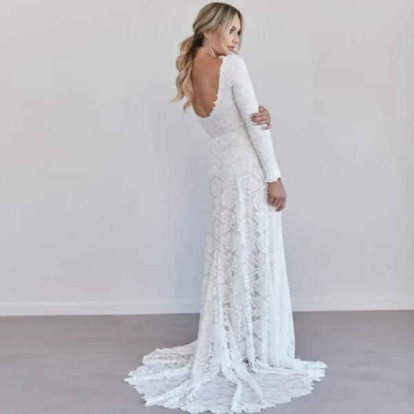 Customized Vintage Lace Wedding Dress Long Sleeves Simple Boho Wedding Dress Low Back vestido de noiva robe de mariee mariage