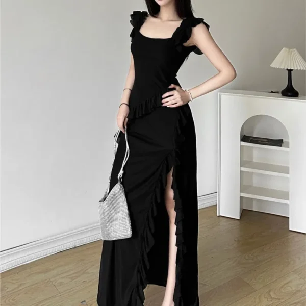 Feminine Flounced Stitching Square Collar Dress Female Temperament Slit Slimming Midi - Image 5
