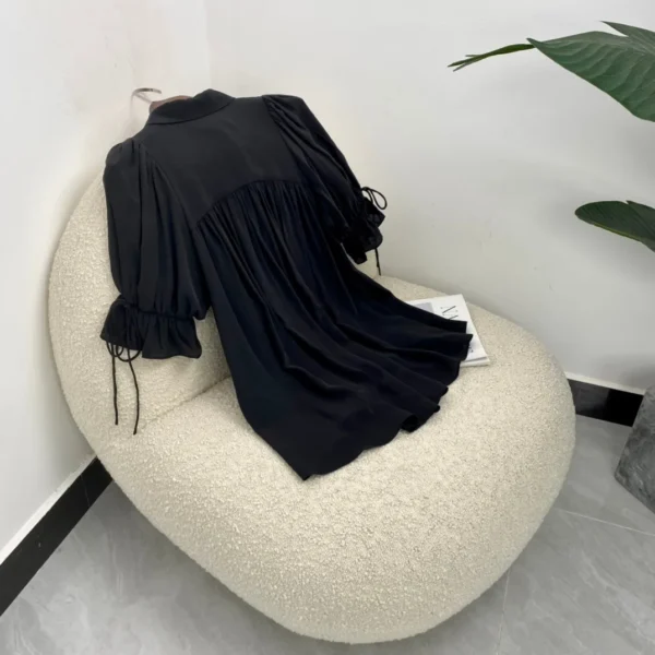Silk Black Ruffles Turn Down Collar Single Breasted Half Sleeve Blouse Tops Elegant Fashion Women 2024 Spring Summer Clothing - Image 5