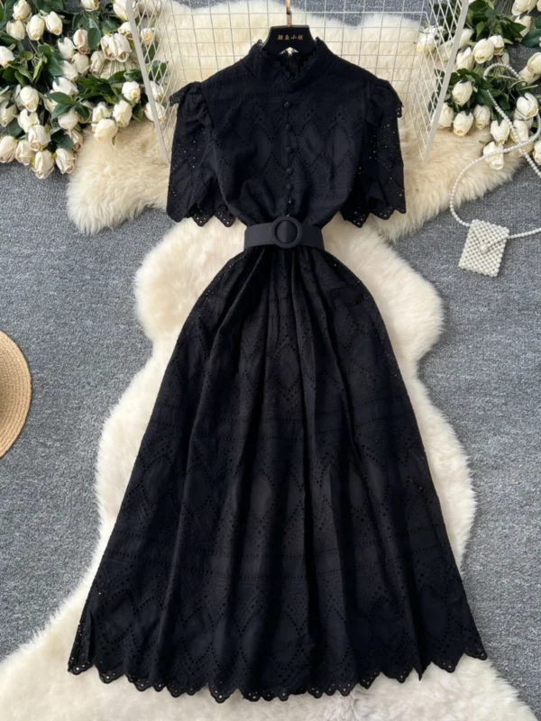 Nomikuma Women's Dress 2025 Slim Waist Stand Up Collar Short Sleeved Hollow Hook Flower Embroidery Single Breasted Long Dresses - Image 4
