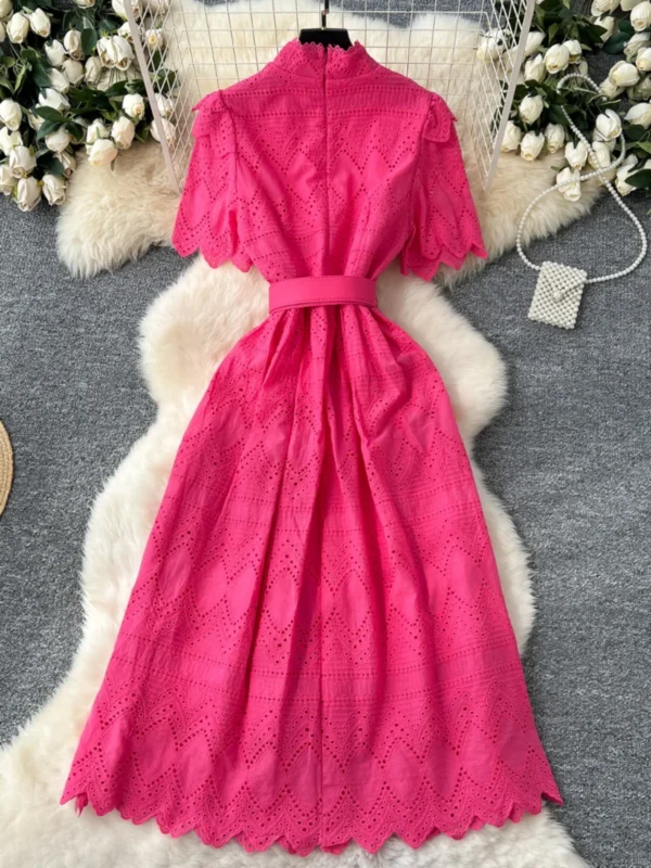 Nomikuma Women's Dress 2025 Slim Waist Stand Up Collar Short Sleeved Hollow Hook Flower Embroidery Single Breasted Long Dresses - Image 5