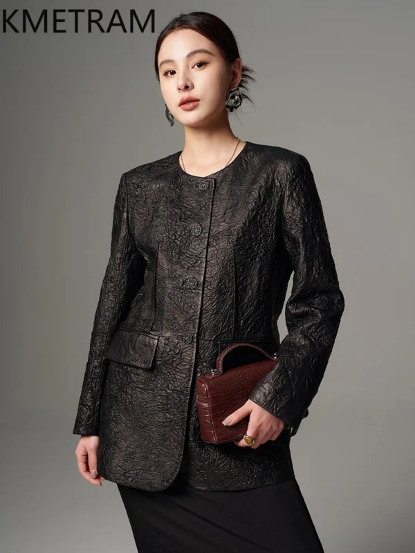 100% First Layer Sheepskin Jacket Women Genuine Leather Black Jackets Handmade Wrinkled Coat 2025 Spring Women Clothing кожанк - Image 3