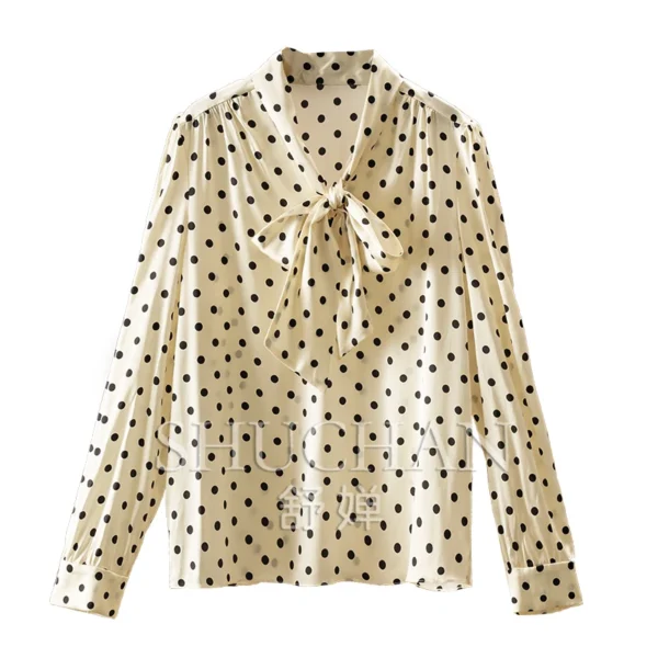 Retro Polka Dot Silk Satin Ribbon Collar Shirt Women 2025 Blouses for Women Fashion Womens Tops and Blouses