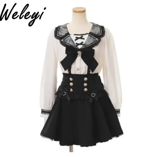 Sweet Camisas De Mujer Fashion Autumn Clothing Mine Long Sleeves Koszule I Bluzki Tops Cute Navy Collar Bow Lace Vintage Poleras