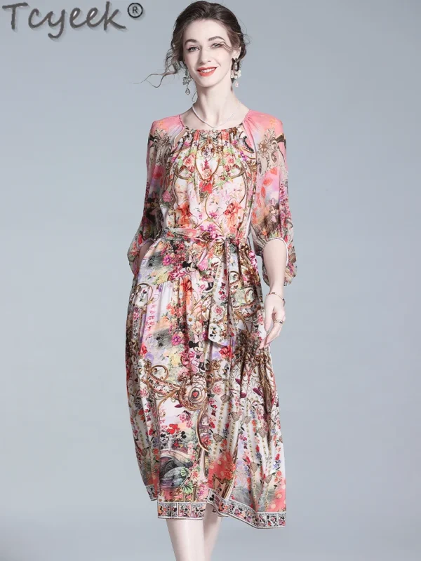 Tcyeek Natural Silk Dress Women 100% Mulberry Silk Dresses for Women Clothing Summer Dress Elegant Women's Dresses 2024 Print - Image 3