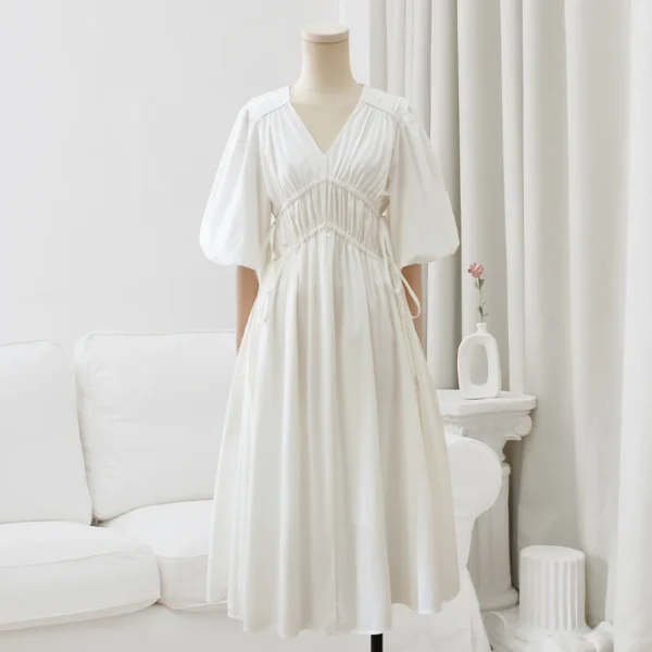 Women's Puff Sleeve Knee-Length Dress, Elegant Female Clothing, White, Slim, Solid, Top Quality, Fashion Design, Summer, 2025