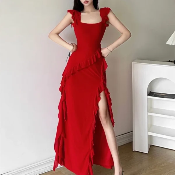 Feminine Flounced Stitching Square Collar Dress Female Temperament Slit Slimming Midi - Image 3