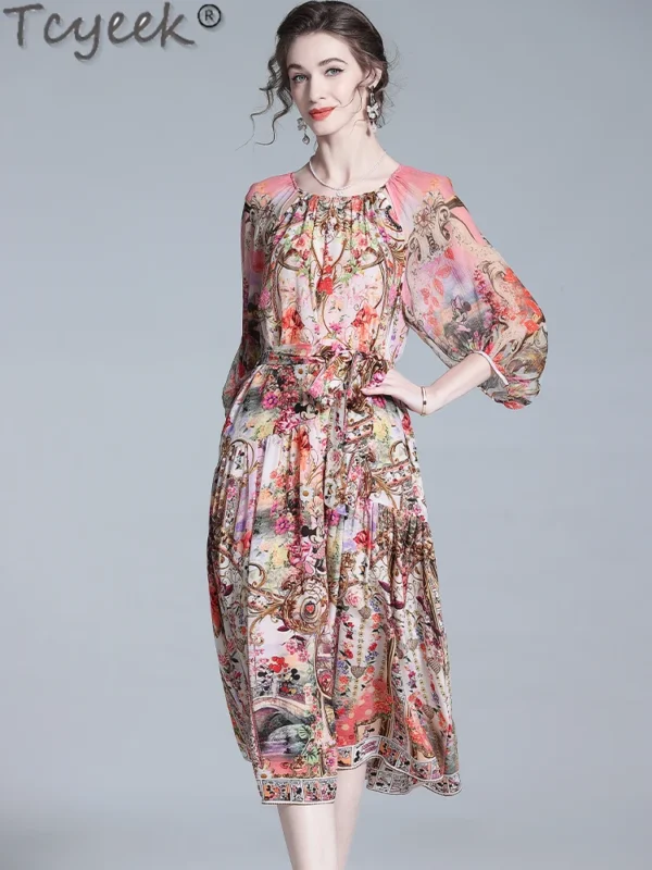 Tcyeek Natural Silk Dress Women 100% Mulberry Silk Dresses for Women Clothing Summer Dress Elegant Women's Dresses 2024 Print - Image 4