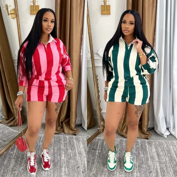 2 Piece Set Women Summer Clothes Striped Lapel Collar Single Breasted Shirt Tops and Shorts 2025 Clothing Streetwear