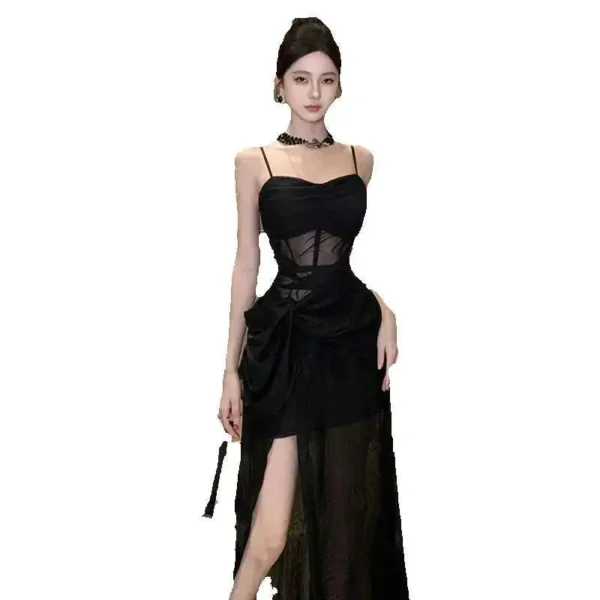Elegant Black Long Dresses For Women 2024 Summer New French Sexy Fashion Sleeveless Split Birthday Evening Party Female Clothing