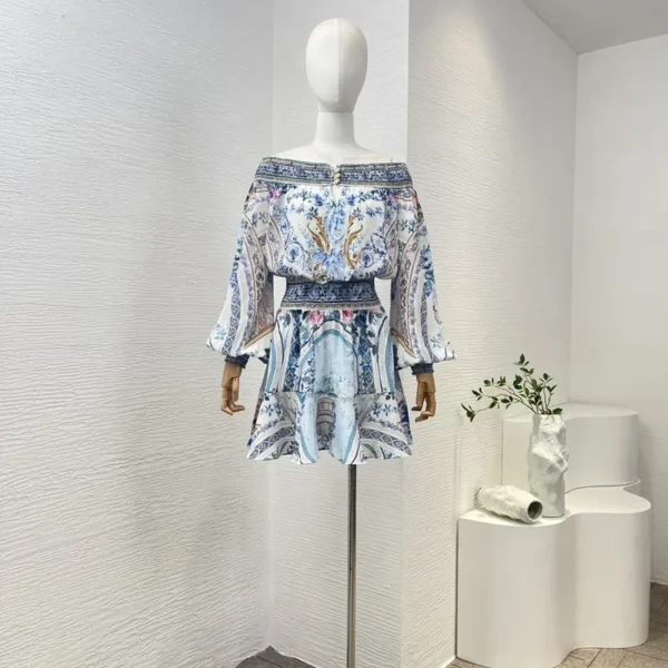 Silk 2024 New Blue Porcelain print off the shoulder shirred mini dress lantern sleeve top quality women fashion clothing