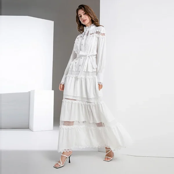 2025 European and American Fashion Elegant Stand up Collar Lace Hollow Lace Dress Long Dresses For Women Streetwear - Image 4