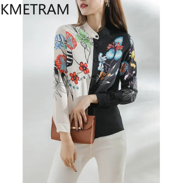 KMETRAM Spring New Real Mulberry Silk Blouse Woman Fashion Floral Tops Long Sleeve Silk Shirt Woman Clothing 2025 Блузка Женская