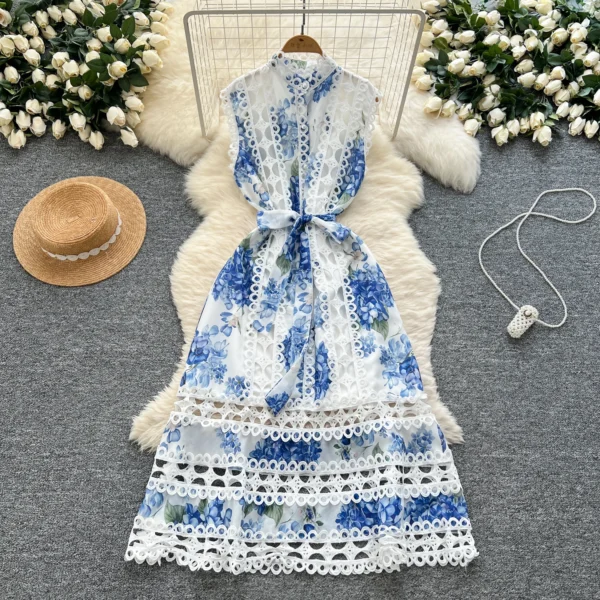 Sexy lace Spliced Hook flower hollow slim lace-up Chic sleeveless Single Breasted lace-up Boho Beach Vacation women clothing