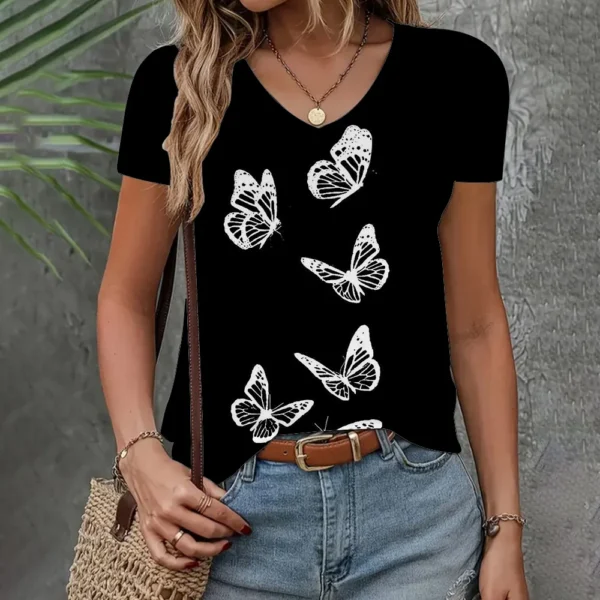 Women Clothing T-shirt Summer Fashion V-neck Short Sleeve Butterfly Pattern Top Casual Loose Clothing Women T-shirt Half Sleeve - Image 3