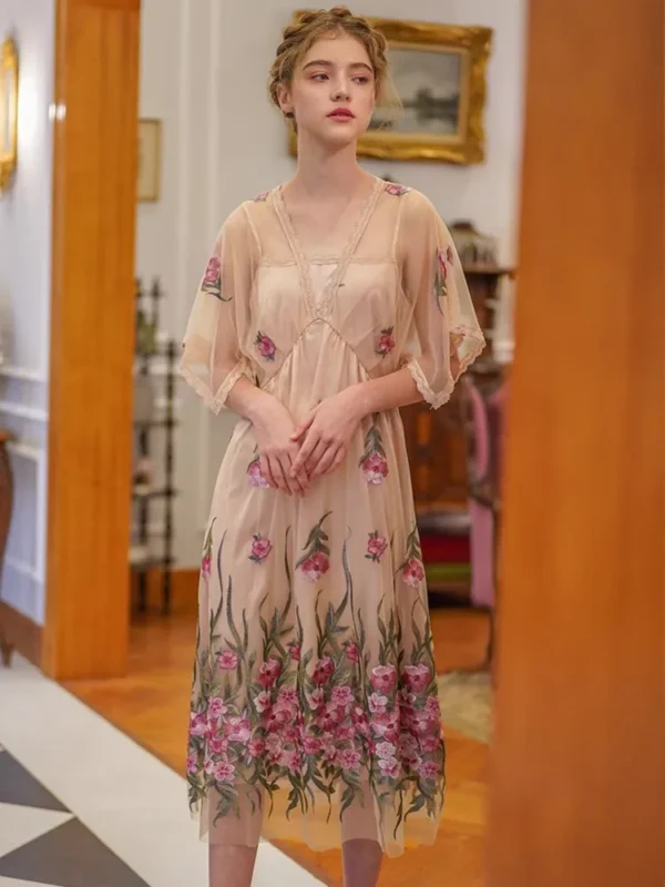 82-90cm Bust Summer Long Dresses For Women Elegant Slim Sex V-Neck Luxury Embroidery Pink Dress Korean Fashion Soft Mesh Dress