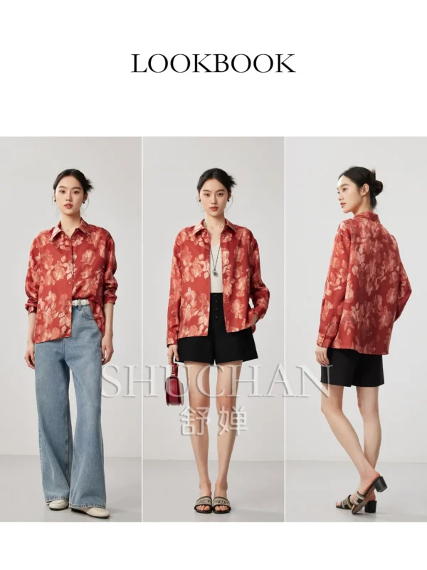 Red 19 Mmi Twill Silk Printing Loose Shirt Women Retro Blouse Korean Shirt Women 2025 New Fashion - Image 2