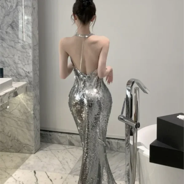 Hepburn style silvery sequined femininity halter dress - Image 2