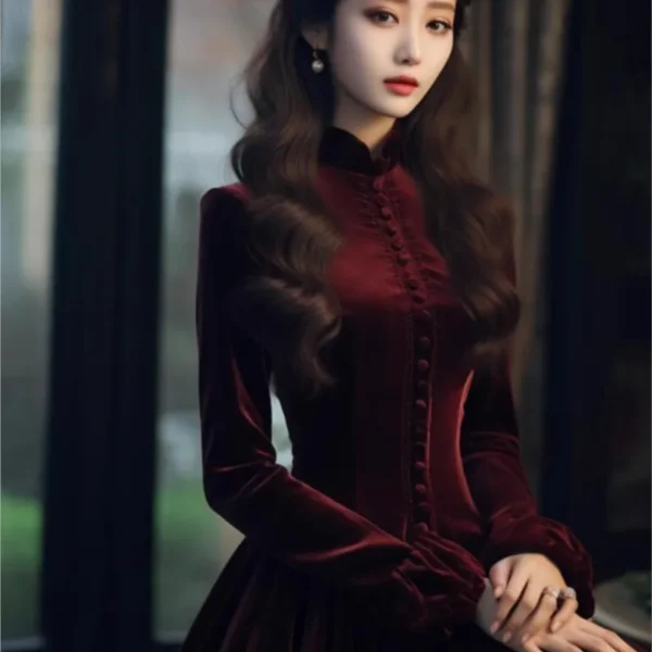 New Women's Clothing Pear Shapes Draping Effect Mature Adult Lady like Woman Red Velvet Dress - Image 2