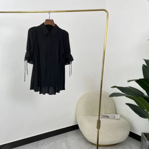 Silk Black Ruffles Turn Down Collar Single Breasted Half Sleeve Blouse Tops Elegant Fashion Women 2024 Spring Summer Clothing