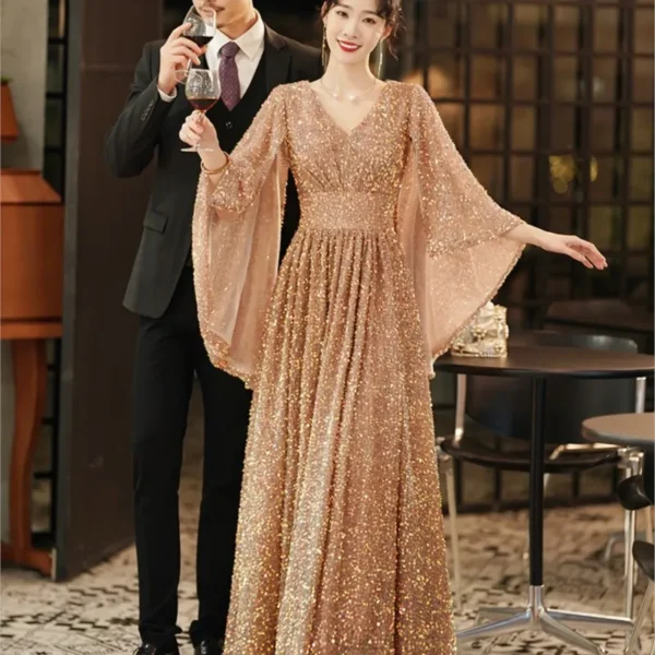Golden feminine temperament banquet light luxury niche sequins will host the performance of long dress - Image 3