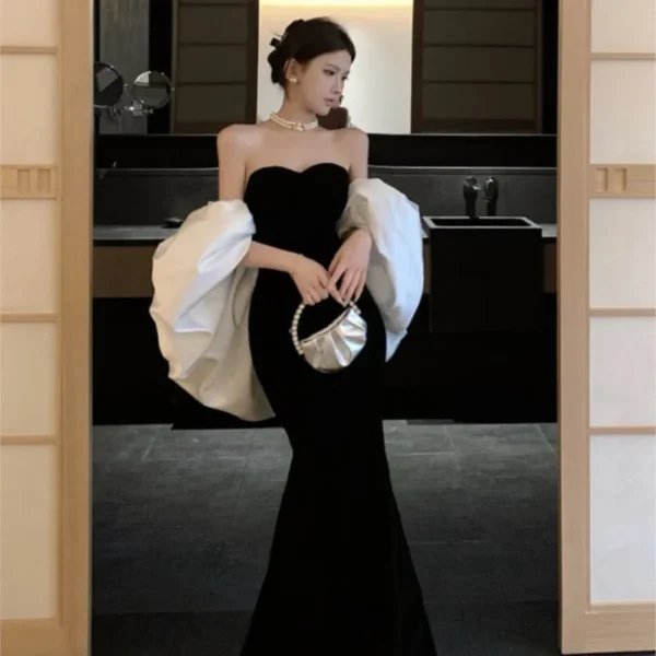 Hepburn style fishtail wrap buttocks with breast femininity line shoulder velvet dress - Image 3