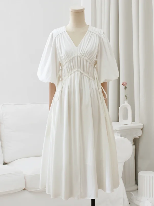 Women's Puff Sleeve Knee-Length Dress, Elegant Female Clothing, White, Slim, Solid, Top Quality, Fashion Design, Summer, 2025 - Image 6