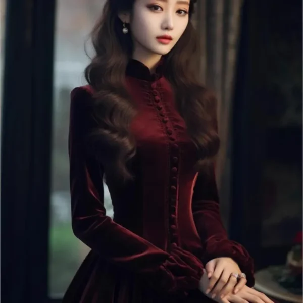 New Women's Clothing Pear Shapes Draping Effect Mature Adult Lady like Woman Red Velvet Dress - Image 4