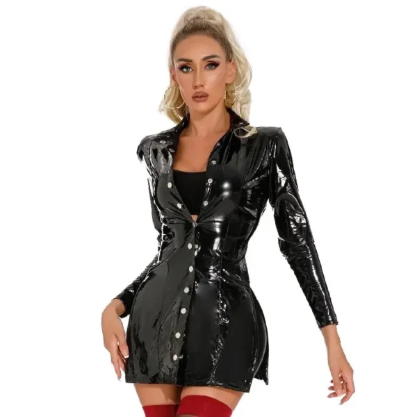 Women Sexy Wetlook Leather Sheath Dress Glossy Shaping Latex Waist Mini Skirt Female Erotic Hot Porn Breast Exposing Sexi - Image 3
