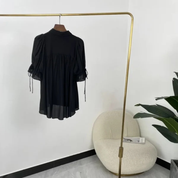 Silk Black Ruffles Turn Down Collar Single Breasted Half Sleeve Blouse Tops Elegant Fashion Women 2024 Spring Summer Clothing - Image 2