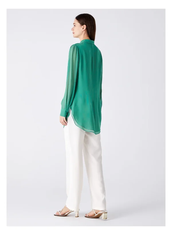 100% Mulberry Silk Georgette Green Shirt Long Sleeve Casual Tops Single Breasted Straight Office Ladies Silk Blouse BE1360 - Image 2