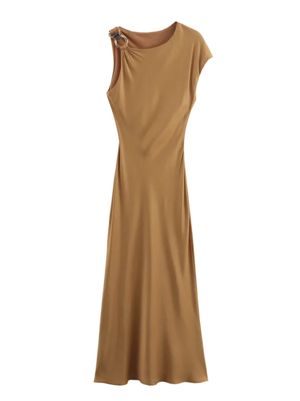Elegant Satin Midi Dresses For Women 2024 Weeding Guest Occasion Evening Party Dresses Round Neck Asymmetric Sleeve Summer Dress - Image 4