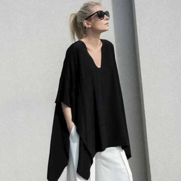Summer 2025 Fashion Chic V-neck Irregular Black T-shirts Casual Loose Women's Clothing Batwing Sleeve Oversized 5XL Tops Female