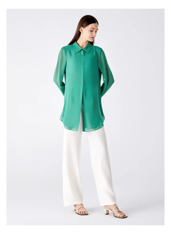100% Mulberry Silk Georgette Green Shirt Long Sleeve Casual Tops Single Breasted Straight Office Ladies Silk Blouse BE1360