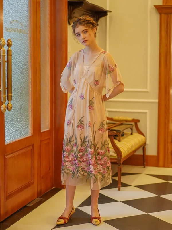 82-90cm Bust Summer Long Dresses For Women Elegant Slim Sex V-Neck Luxury Embroidery Pink Dress Korean Fashion Soft Mesh Dress - Image 4