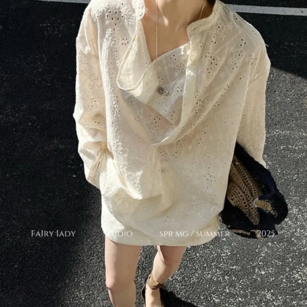 Women's Clothing WHITE One Size Crew Neck Fashion Casual Hollow Out Pullovers Tops Spring/autumn Elegant Long Sleeve T-Shirts