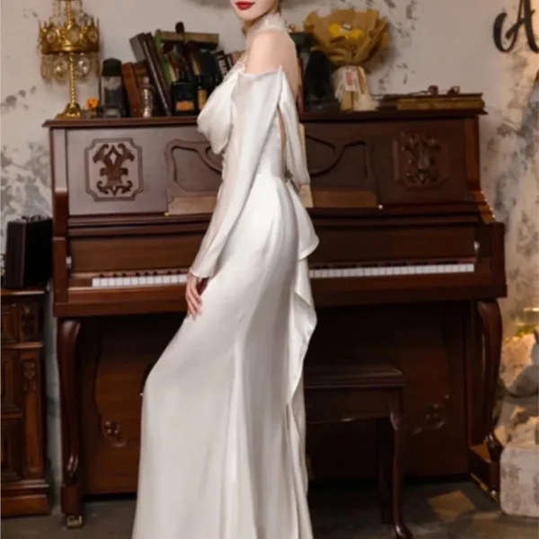 Satin simple feminine sense light long-sleeved temperament fish tail slimming welcome dress - Image 4