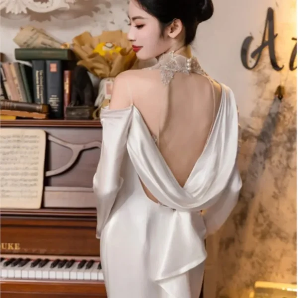 Satin simple feminine sense light long-sleeved temperament fish tail slimming welcome dress - Image 6