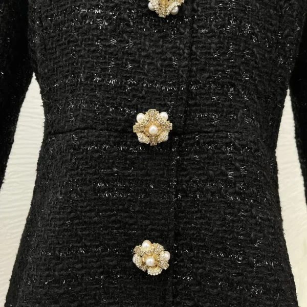 Black 2024 New Women Fashion Clothing Chic Buttons Long Sleeve Round Neck Tweed Mini Dress Top Quality Elegant - Image 5