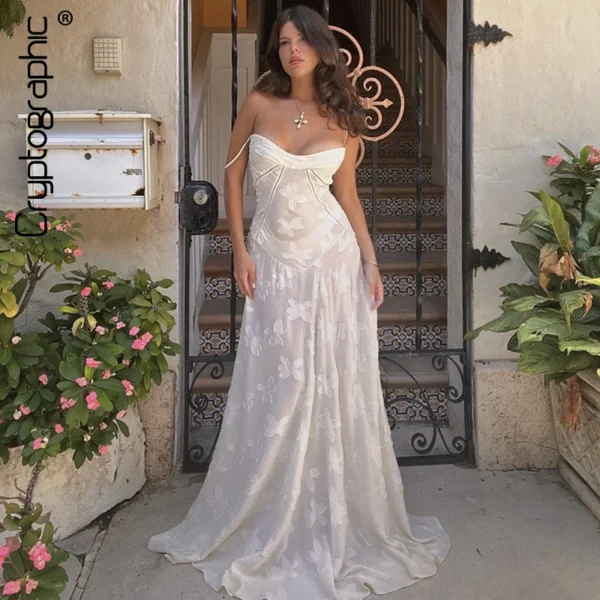 Cryptographic Floral Lace Sexy Back Lace Up Slip Maxi Dresses Gown Chiffon Bandage Elegant Sheer Cocktail Prom Dresses Summer