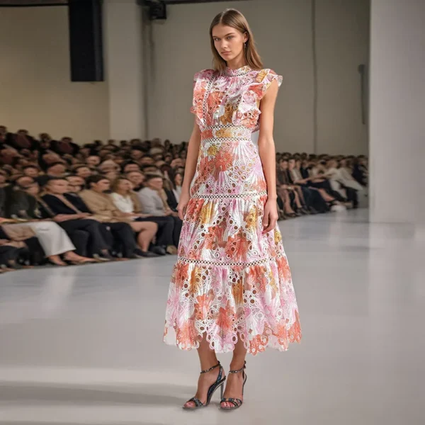Elegant French Long Skirt 2025 New Style Stand-up Collar Lace Sleeveless Hollow Embroidery Hook Flower Dress for Women