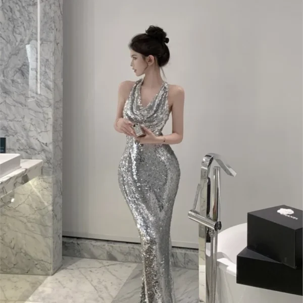 Hepburn style silvery sequined femininity halter dress - Image 5