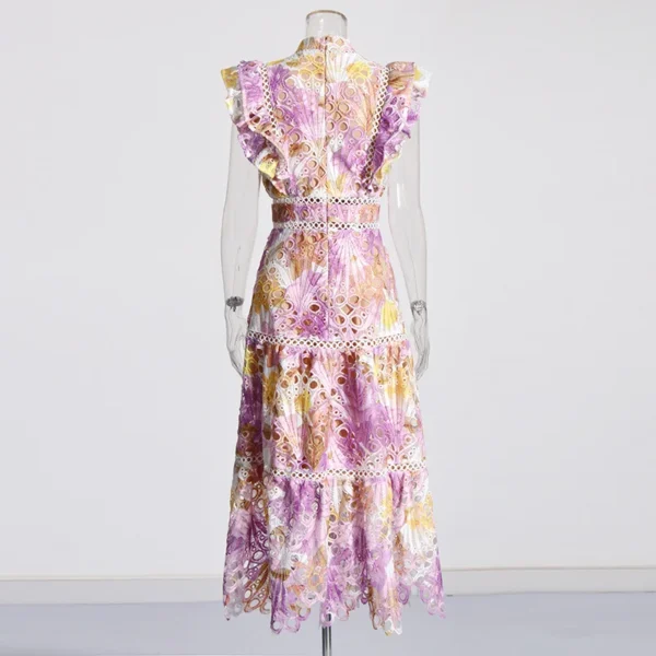Elegant French Long Skirt 2025 New Style Stand-up Collar Lace Sleeveless Hollow Embroidery Hook Flower Dress for Women - Image 4