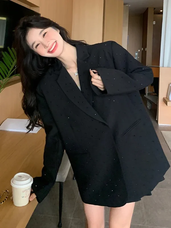 Fashion Sequin Blazer For Women Notched Long Sleeves Solid Color Double Breasted Coat Casual 2025 New Clothing 2DA5904