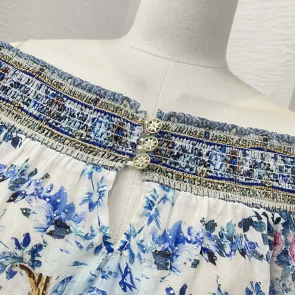 Silk 2024 New Blue Porcelain print off the shoulder shirred mini dress lantern sleeve top quality women fashion clothing - Image 4
