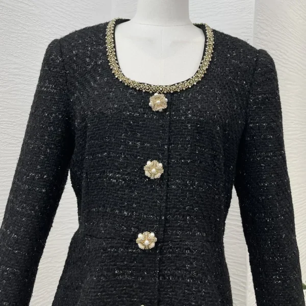 Black 2024 New Women Fashion Clothing Chic Buttons Long Sleeve Round Neck Tweed Mini Dress Top Quality Elegant - Image 4