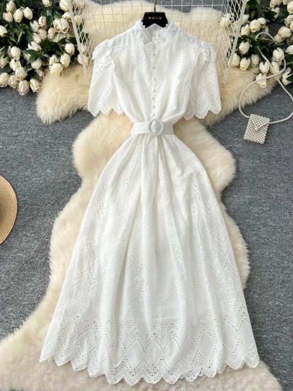 Nomikuma Women's Dress 2025 Slim Waist Stand Up Collar Short Sleeved Hollow Hook Flower Embroidery Single Breasted Long Dresses - Image 3