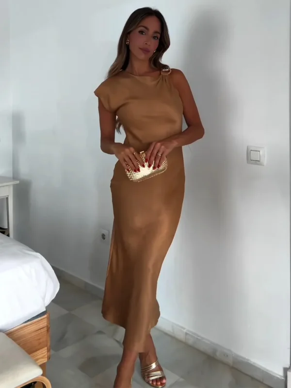 Elegant Satin Midi Dresses For Women 2024 Weeding Guest Occasion Evening Party Dresses Round Neck Asymmetric Sleeve Summer Dress