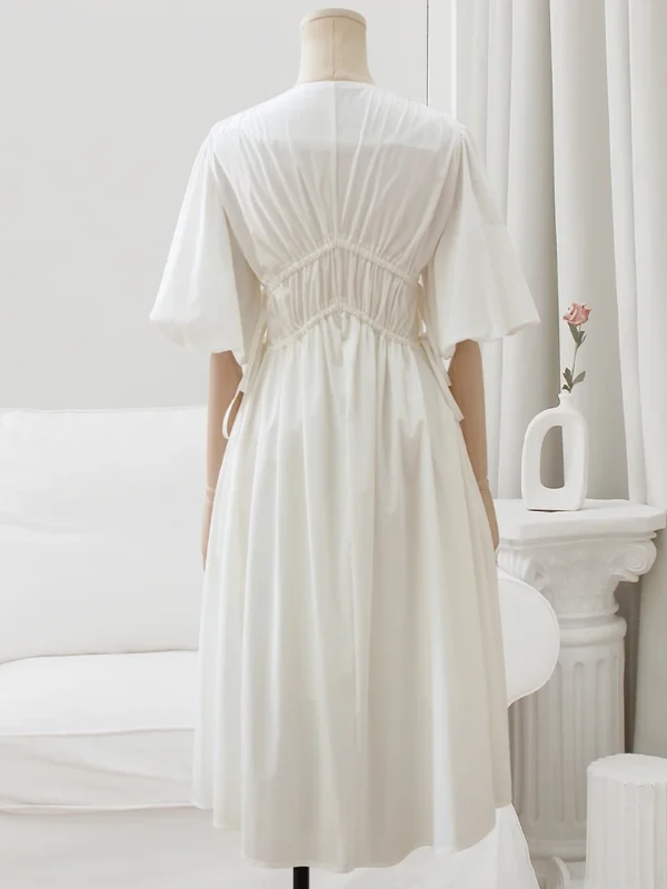 Women's Puff Sleeve Knee-Length Dress, Elegant Female Clothing, White, Slim, Solid, Top Quality, Fashion Design, Summer, 2025 - Image 3